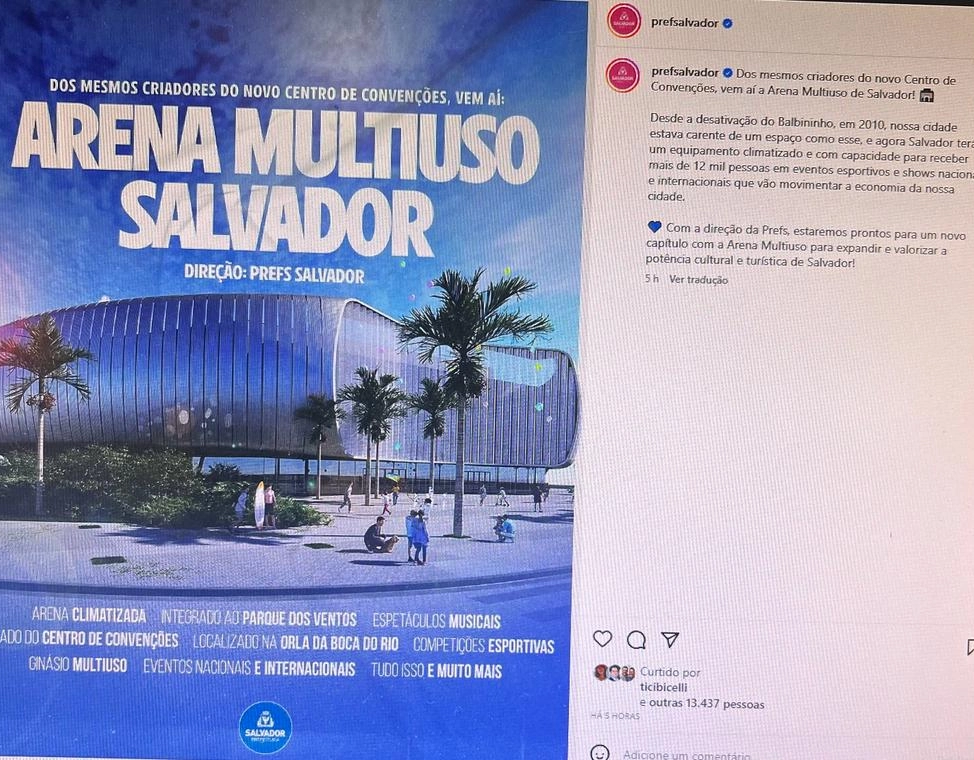 Prefeitura de Salvador anuncia construção de arena multiuso com capacidade para mais de 12 mil pessoas