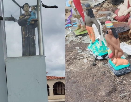 Imagens ligadas às religiões afro são colocadas perto da estátua de Santo Antônio e gera polêmica na Bahia