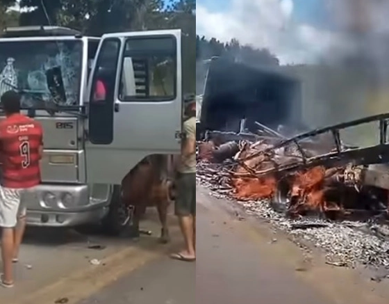 Caminhoneira tem veículo destruído durante protesto de indígenas na BR-101