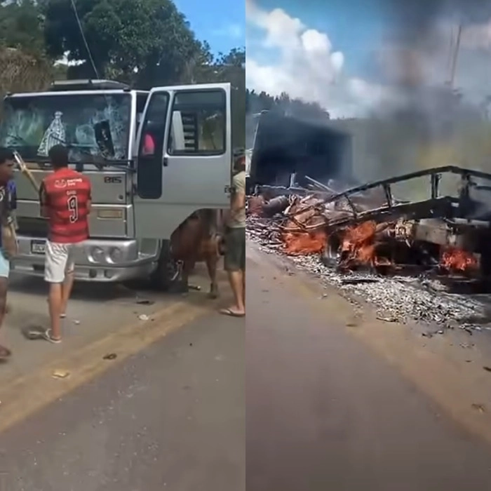 Caminhoneira tem veículo destruído durante protesto de indígenas na BR-101
