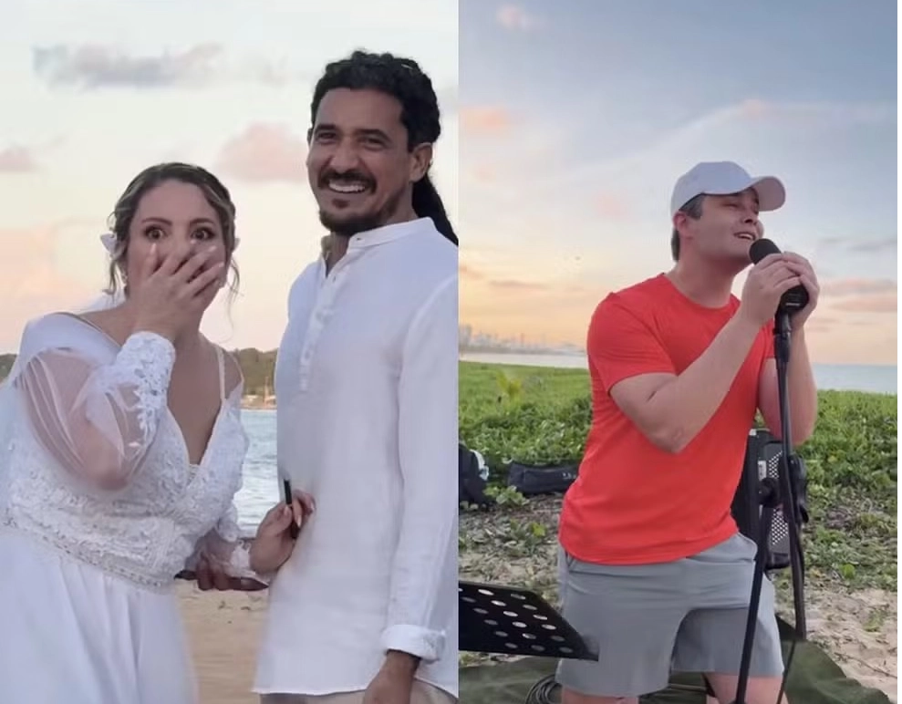 Cantor sertanejo faz surpresa e canta para noivos em casamento em João Pessoa