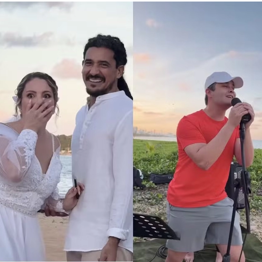Cantor sertanejo faz surpresa e canta para noivos em casamento em João Pessoa